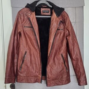 Buckle Black Label Faux Leather Moto Jacket Size M Hooded Fleece Lined